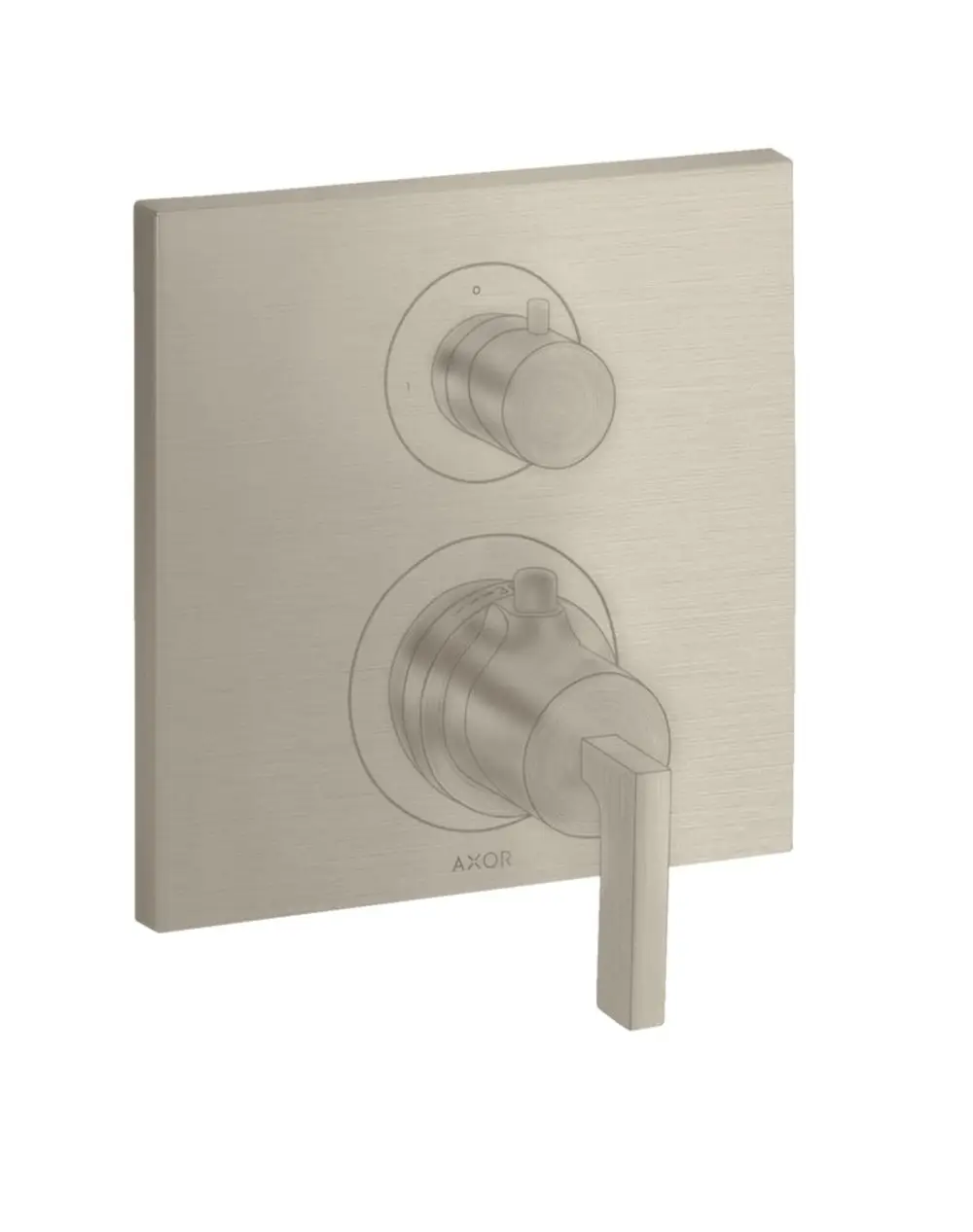Thermostat-Unterputzeinheit mit zwei Drehreglern und einem Hebelgriff in gebürstetem Nickel, Marke AXOR, für die Steuerung von Wasserzufuhr und Temperatur.